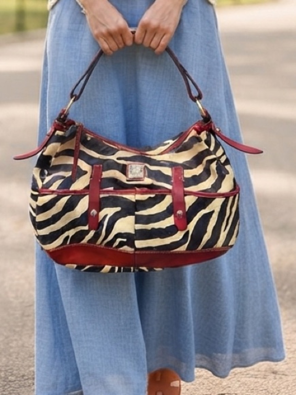 Dooney & Bourke Zebra Print Leather Trim Shoulder Bag Satchel Purse Boho